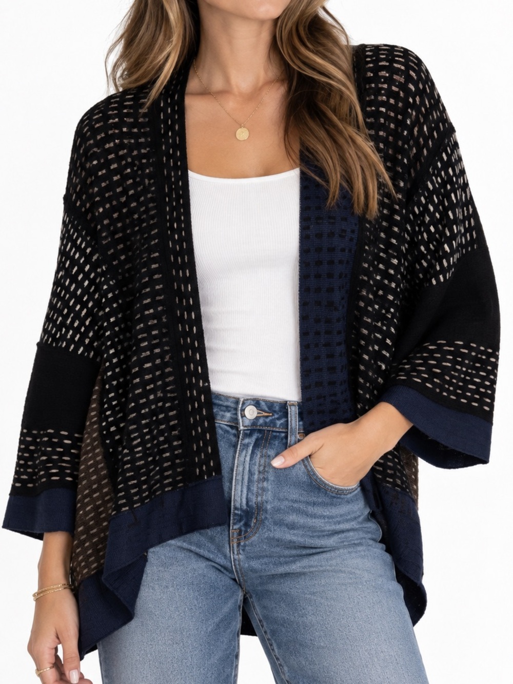 Moth by Anthropologie Black & Navy Open-Front Knit 3/4 Sleeve Cardigan - Size S